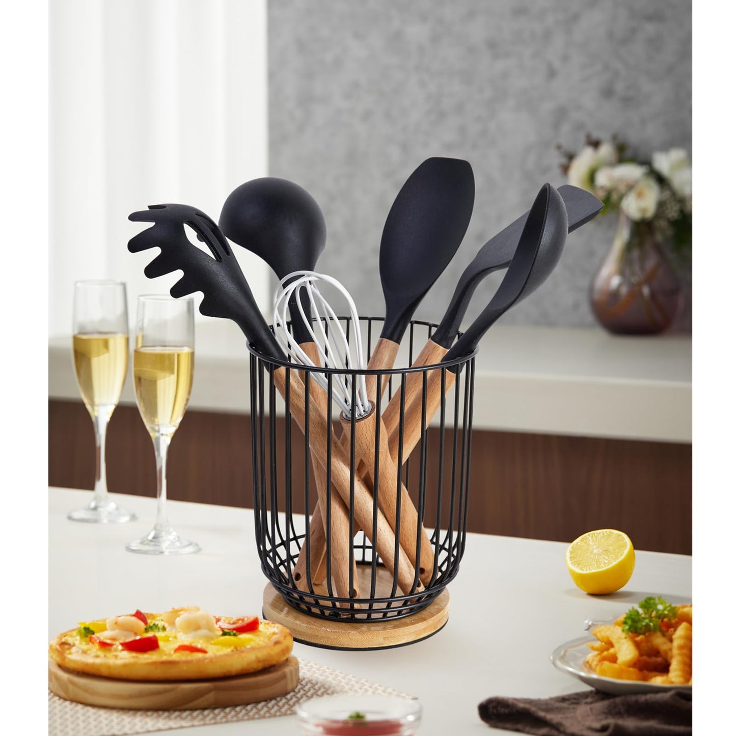 WDT Tool Utensil holder for Kitchen Counter,Large Utensils Holder For Farmhouse Cooking, Utensil Caddy Spatula Holder (Metal+Bamboo-1)