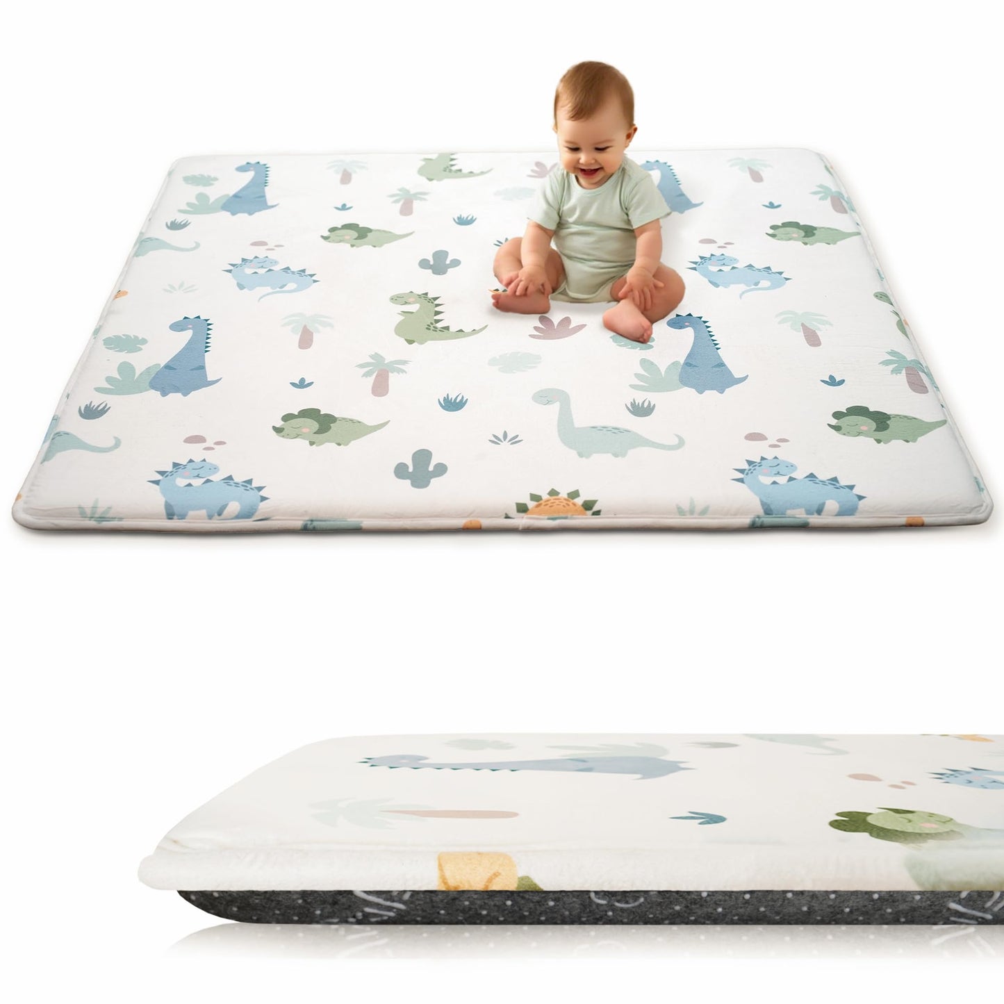 PaPaMat 1.5" Thick Premium Baby Play Mat for Floor, 50x50 Padded Memory Foam Play Mat, Tummy Time Crawling Playmat for Nursery Playroom Classroom, Dinosaurs