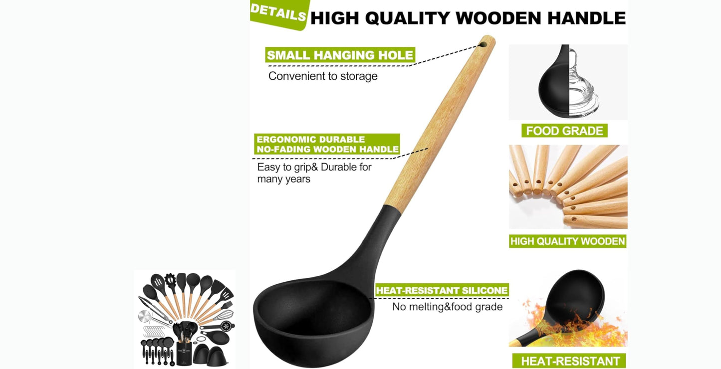 36 pcs Silicone Kitchen Cooking Utensils with Holder, Heat Resistant Cooking Sets Wooden Handle, Nonstick Kitchen Gadgets Tools Include Spatula Spoons Turner Pizza Cutter(Black) for Gift, K Trends