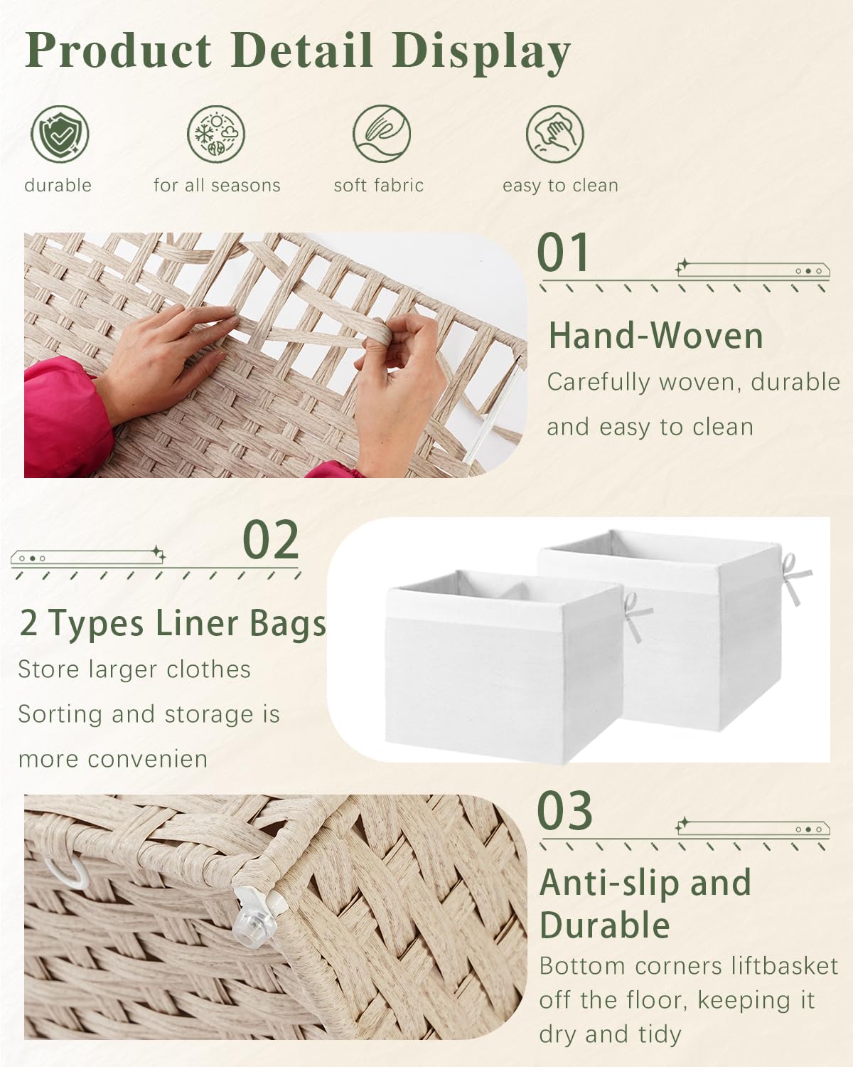 Storage Basket with Lid 160L Wicker Baskets Storage Light Khaki
