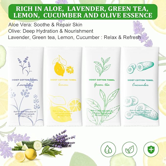Moist Cotton Towel Bulk Moist Towelettes Individually Wrapped,White Towel Services,Refreshment Pre Moistened Towels for Dentist Travel Sport Party Hotel 20,Lavender,Green tea, Lemon and Cucumber