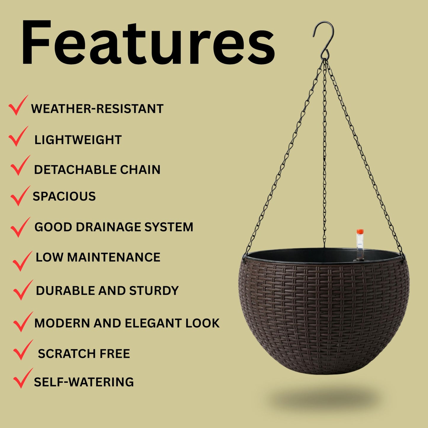 LaLaGreen Hanging Planters for Indoor Plants (11 Inch, 3 Pack) Brown Rattan Style Self-Watering Flower Pots with Water Level Indicator, Plastic Baskets with Metal Chain for Balcony, Porch Garden Decor