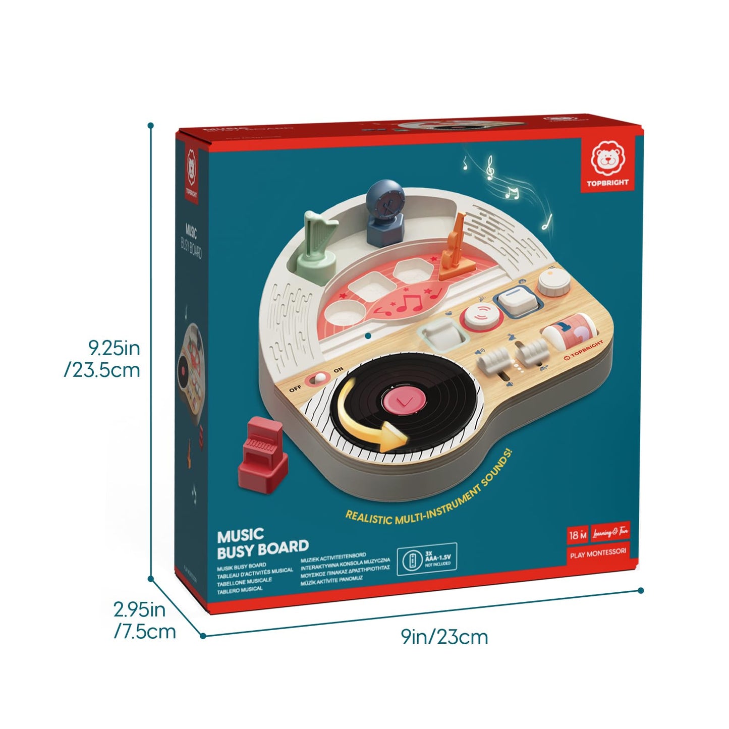 TOP BRIGHT DJ Music Busy Board - Wooden Toddler Toys for Boys and Girls,Montessori Sensory Toy with 14 Activities with Sound Blocks, Portable Travel Toy for 18M+
