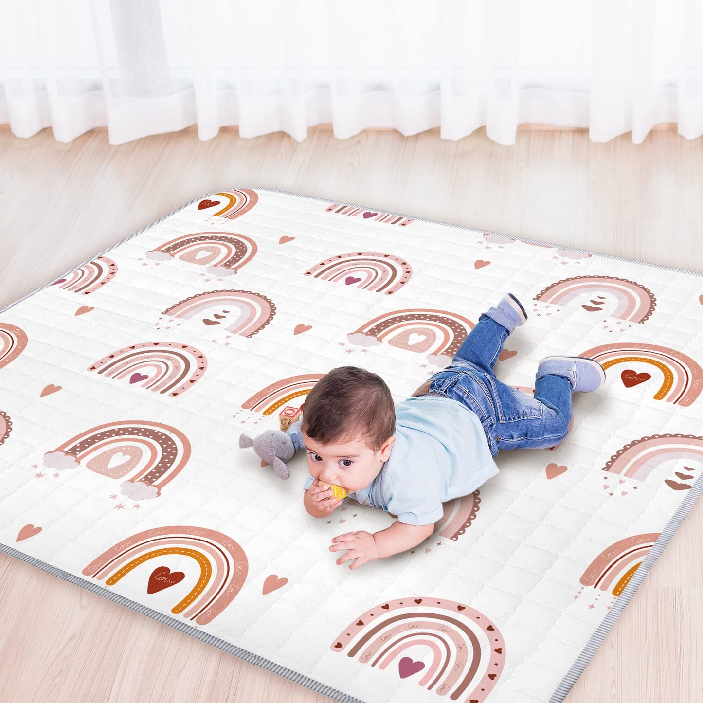 Funtery 43 x 43 Inch Boho Baby Play Mat Portable Crawling Washable Foldable Tummy Time Non Slip Baby Floor Large Playpen Mat for Infants Toddlers Floor Playpen Activity(Boho Rainbow)