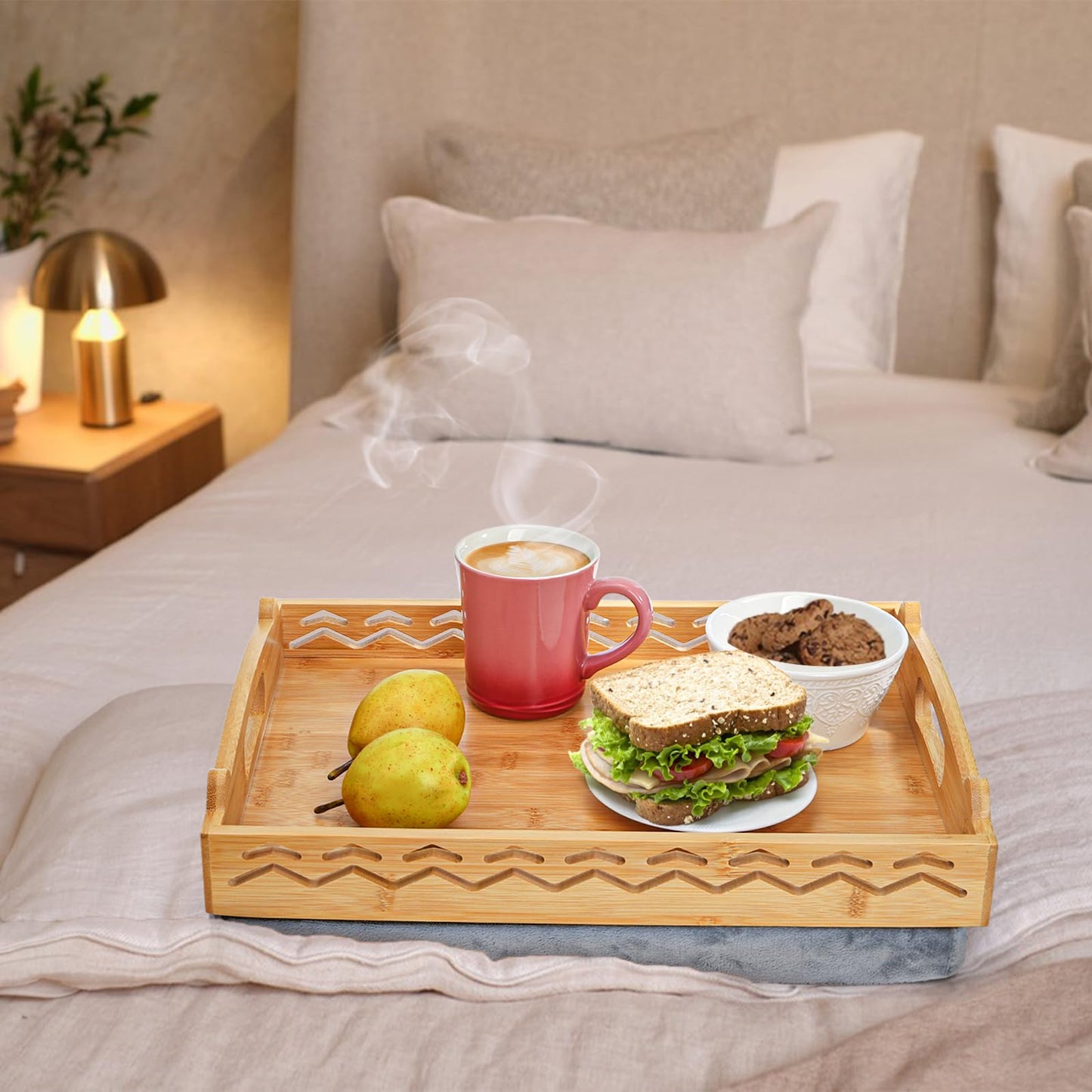 Okllen Bamboo Lap Tray with Detachable Cushion & Handles, 16"x12.2" Breakfast Bed Tray for Eating, Recliner/Sofa/Bed, Housewarming Gift