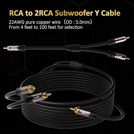 Kxable RCA Y-Adapter Splitter Cable 50 Feet, 1 RCA Male to 2 RCA Male Stereo Audio Subwoofer Cable, Bi-Directional, for Home Theater, Hi-Fi System, Amplifier, Speaker, 24K Gold Plated, OD:5.0MM