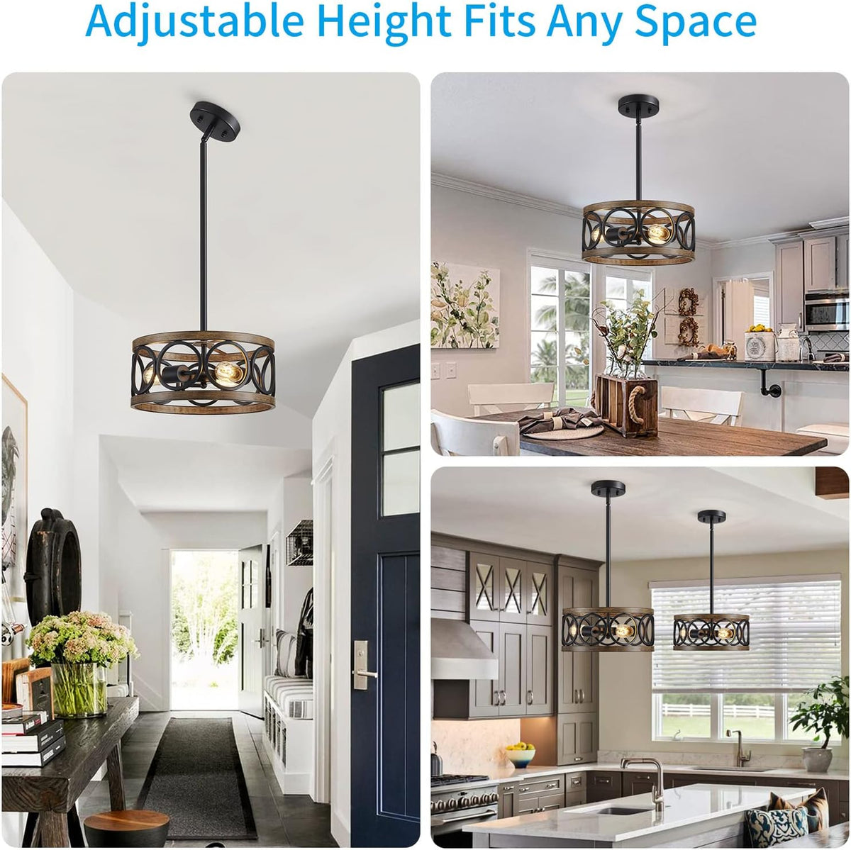 XINGQI Black Ceiling Light Adjustable Height Chandelier Modern Farmhouse Pendant Lighting Fixture Wood Grain Metal 13" Rustic Round Lights for Dining Room Kitchen Bedroom Entryway