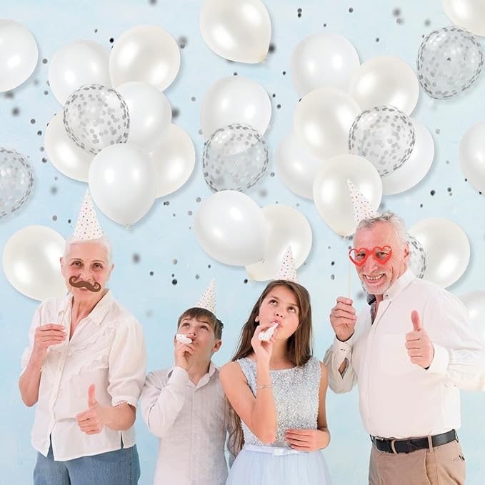 White Balloons, 12 Inch Pearl White Balloons, White Latex Balloons Silver Confetti Balloons For Balloon Garland Arch Wedding Bride To Be Party Birthday Baby Shower Decorations