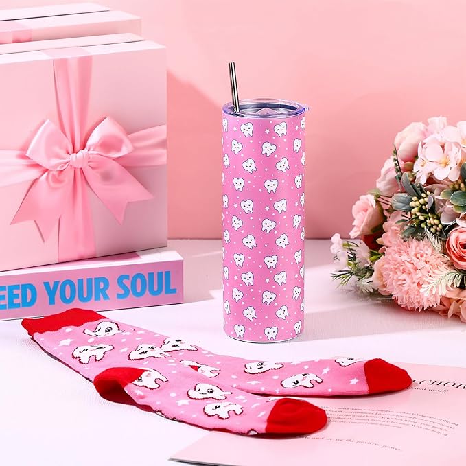 Umigy 2 Pcs Dental Assistant Gifts 2025 Dental Hygienist Appreciation Gifts 20 oz Teeth Print Tumbler with Lid and Sock for Women for Nurse Week Appreciation Dentist Christmas Birthday(Pink)