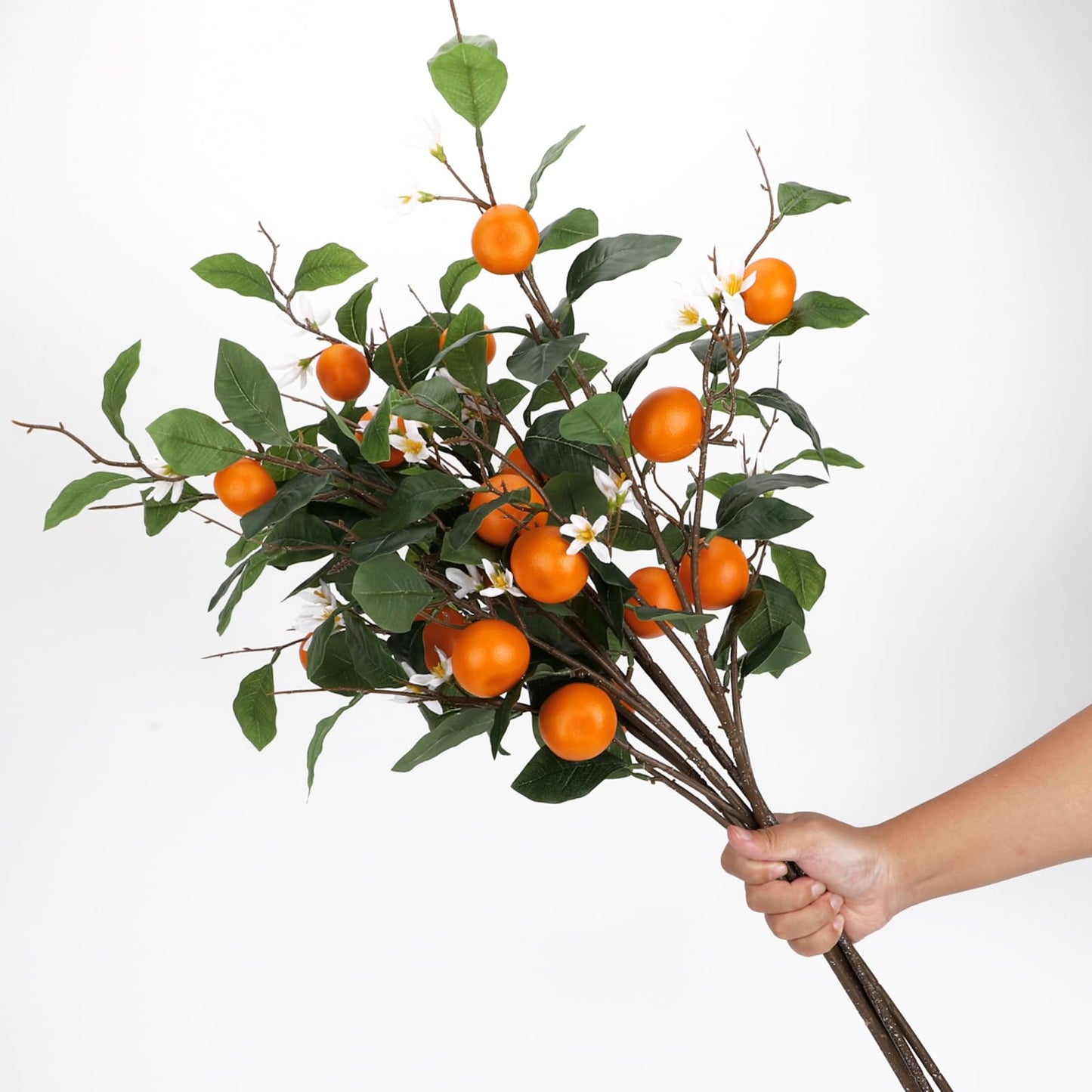 2PCS 37.8Inch Artificial Tangerine Branches Artificial Orange Branches Fake Orange Stem 10 Fruit with 20 White Flowers Long Stem for Home Party Wedding Office Thanksgiving Indoor Outdoor Decor