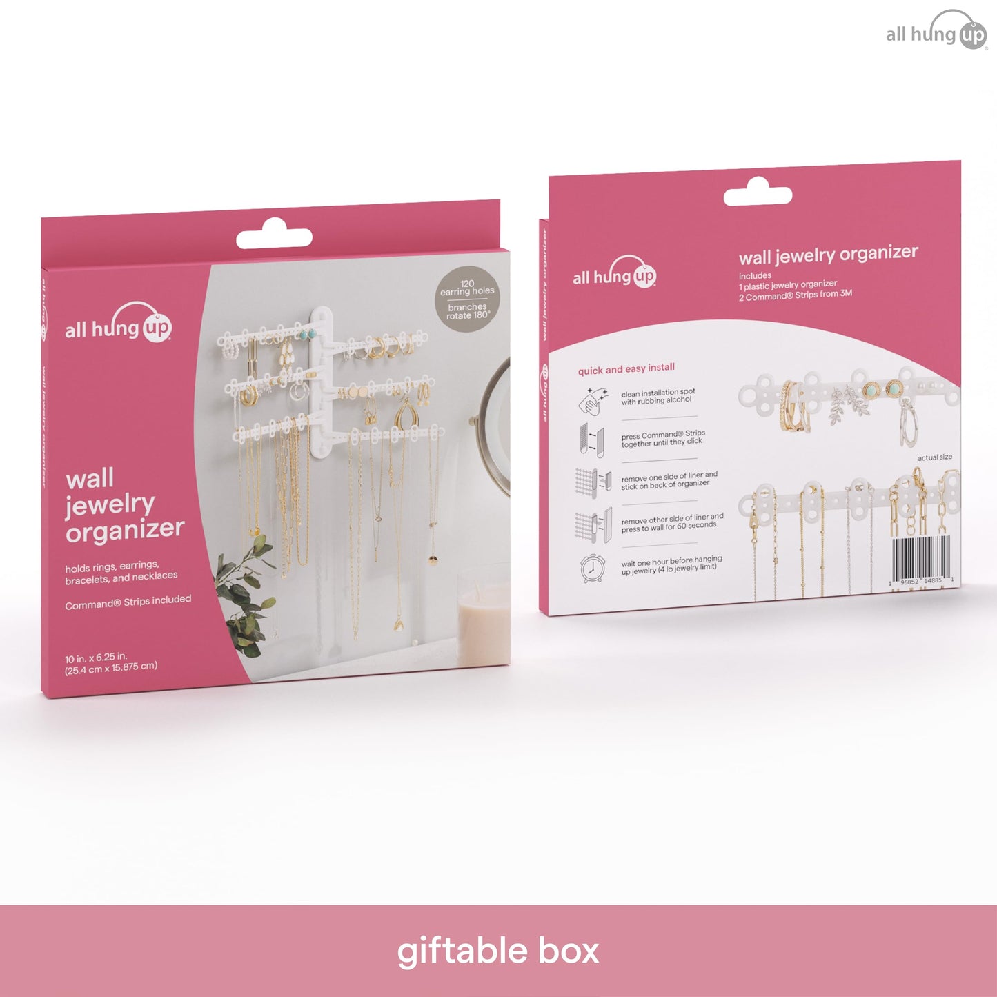 All Hung Up 6-Tier 6" Wall Jewelry Organizer, Command Strips included for Easy Hanging, 120 Hole Earring Organizer, Necklace Organizer, Bracelet Holder, Ring Holder, Rotating Branches (White 6-TIer)