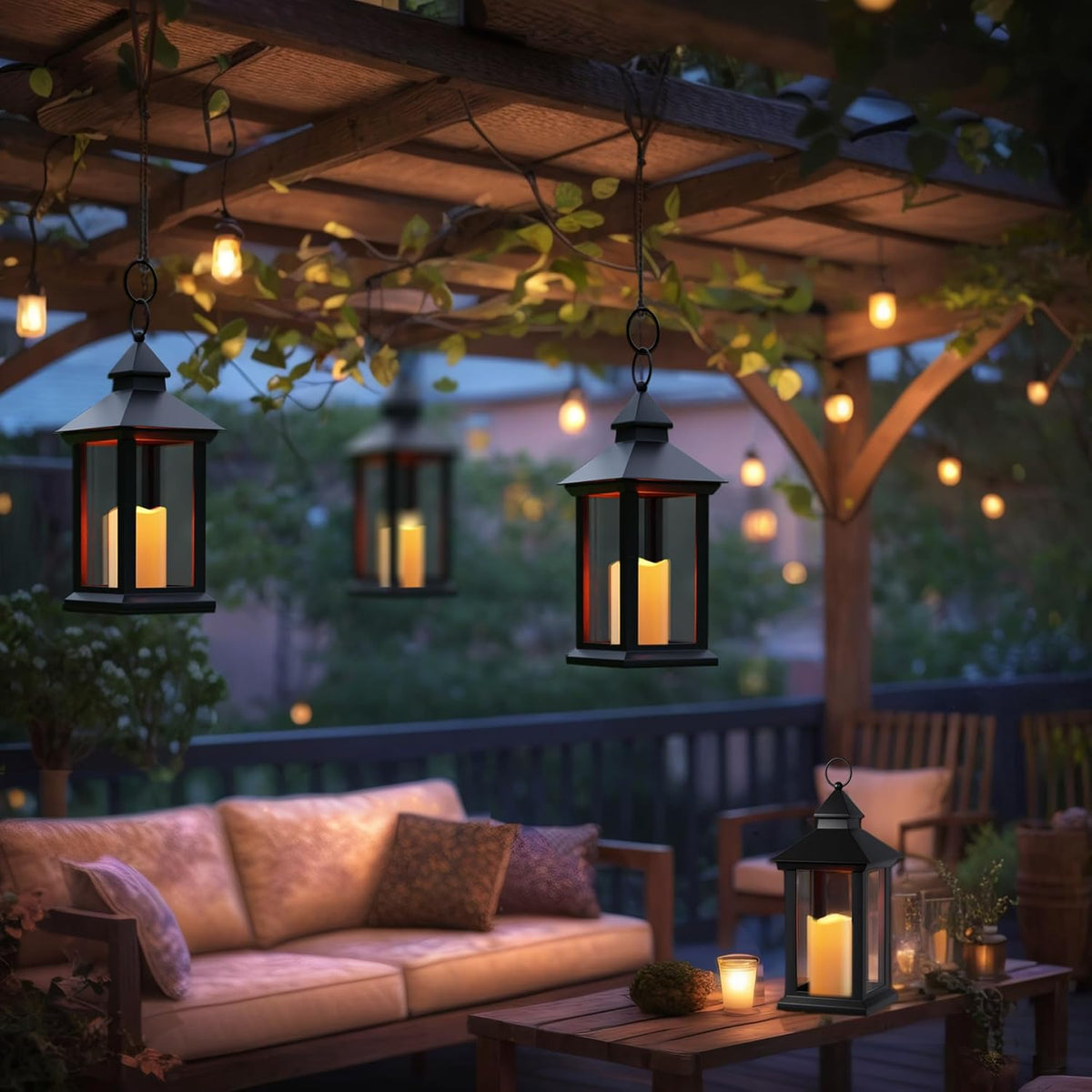 Lanterns Decorative Indoor, 2 Pack Black Outdoor Lantern with Timer, 14" Lantern Waterproof with Battery Operated Candle, Outdoor Hanging Lanterns for Porch, Patio, Wedding Decor