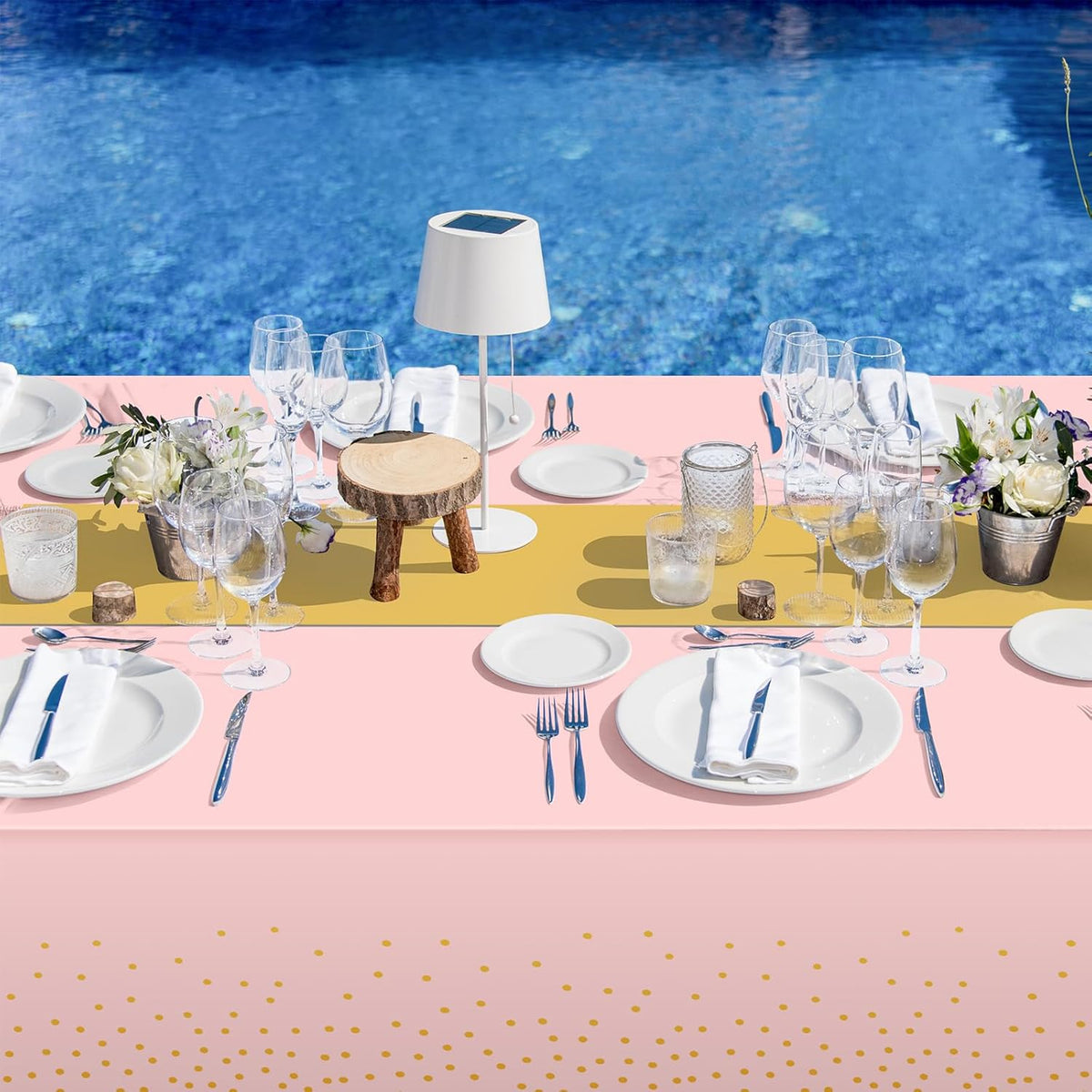 8Pack Disposable Plastic Tablecloths and Satin Table Runner Set Pink and Gold Dot Tablecloth Gold Satin Table Runner for Wedding Birthday Baby Shower Anniversary Christmas New Year Party Supplies