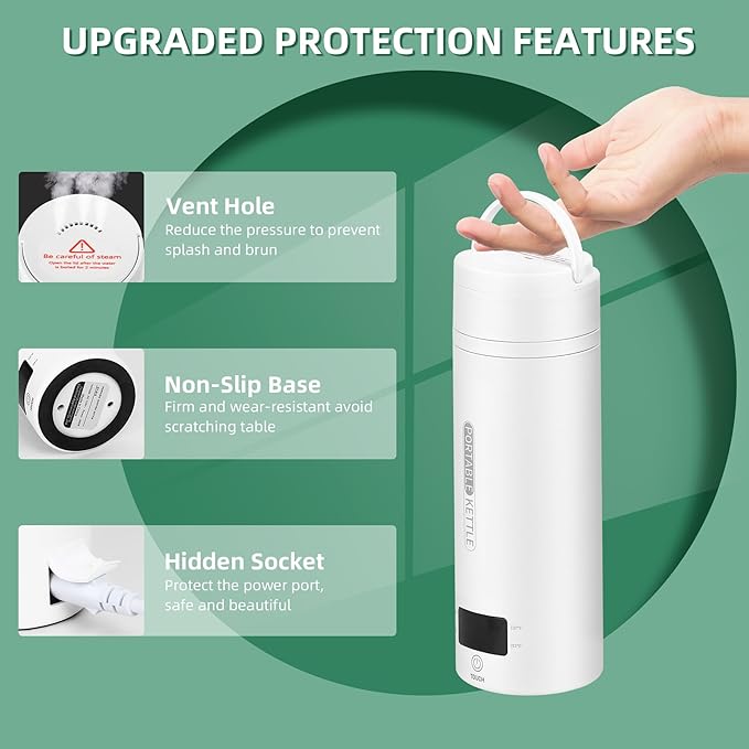 Travel Electric Kettle Portable Small Mini Tea Coffee Kettle Water Boiler, Water Heater with 4 Temperature Control,304 Stainless Steel with Auto Shut-Off & Boil Dry Protection, BPA-Free (White)