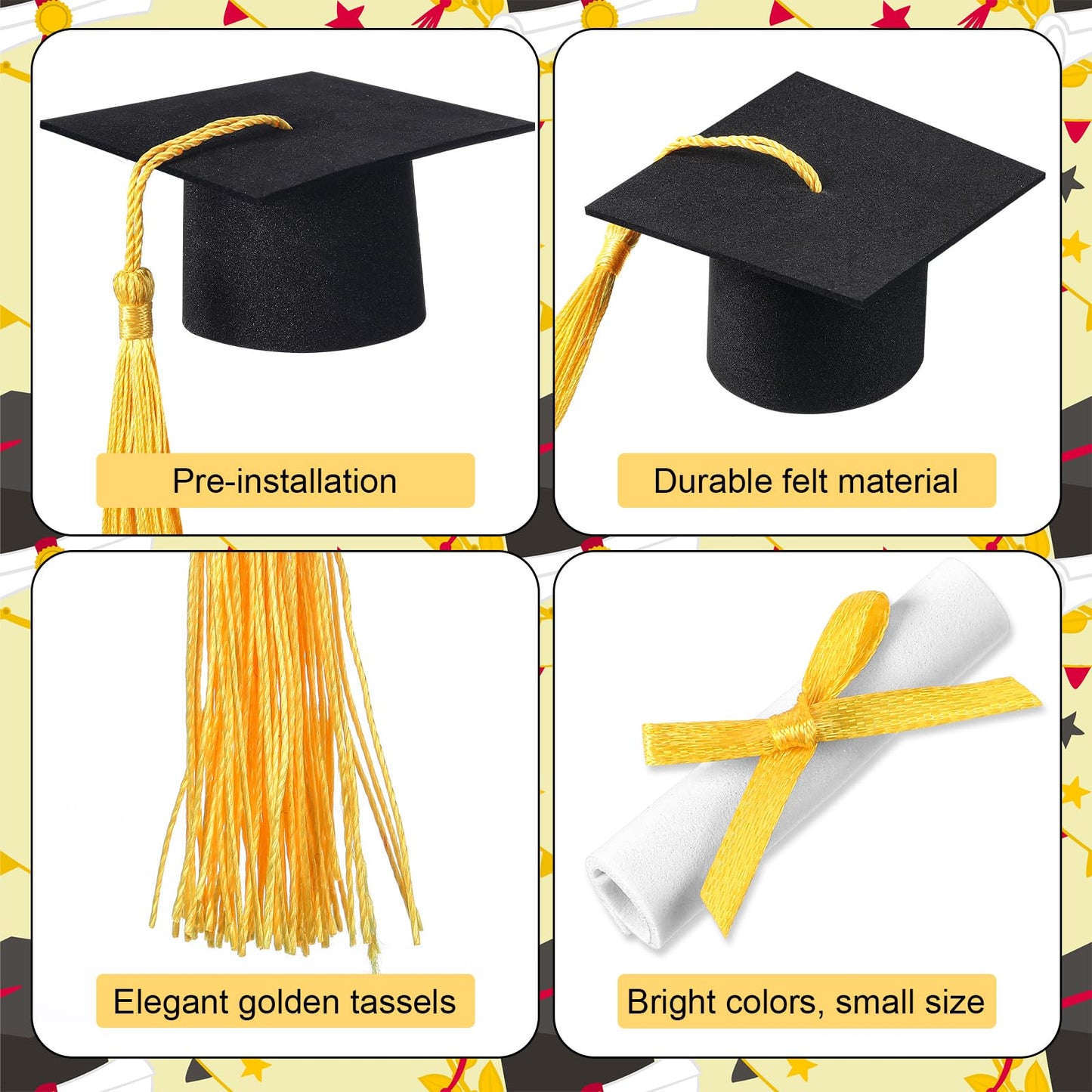 Funtery 36 Pcs Mini Graduation Hats Cupcake Toppers Graduation Scroll Decorations Black Grad Caps with Yellow Tassels Cupcake Toppers Bottle Decor for Graduate Party Supplies