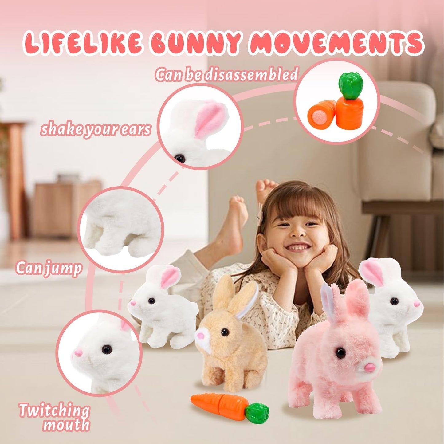 SUQ My Realistic Bunny Toy Interactive Realistic Stuffed Bunny with Moving Ears & Nose, Lifelike Rabbit Plush Toy for Kids Girls Boys Easter Birthday Gift