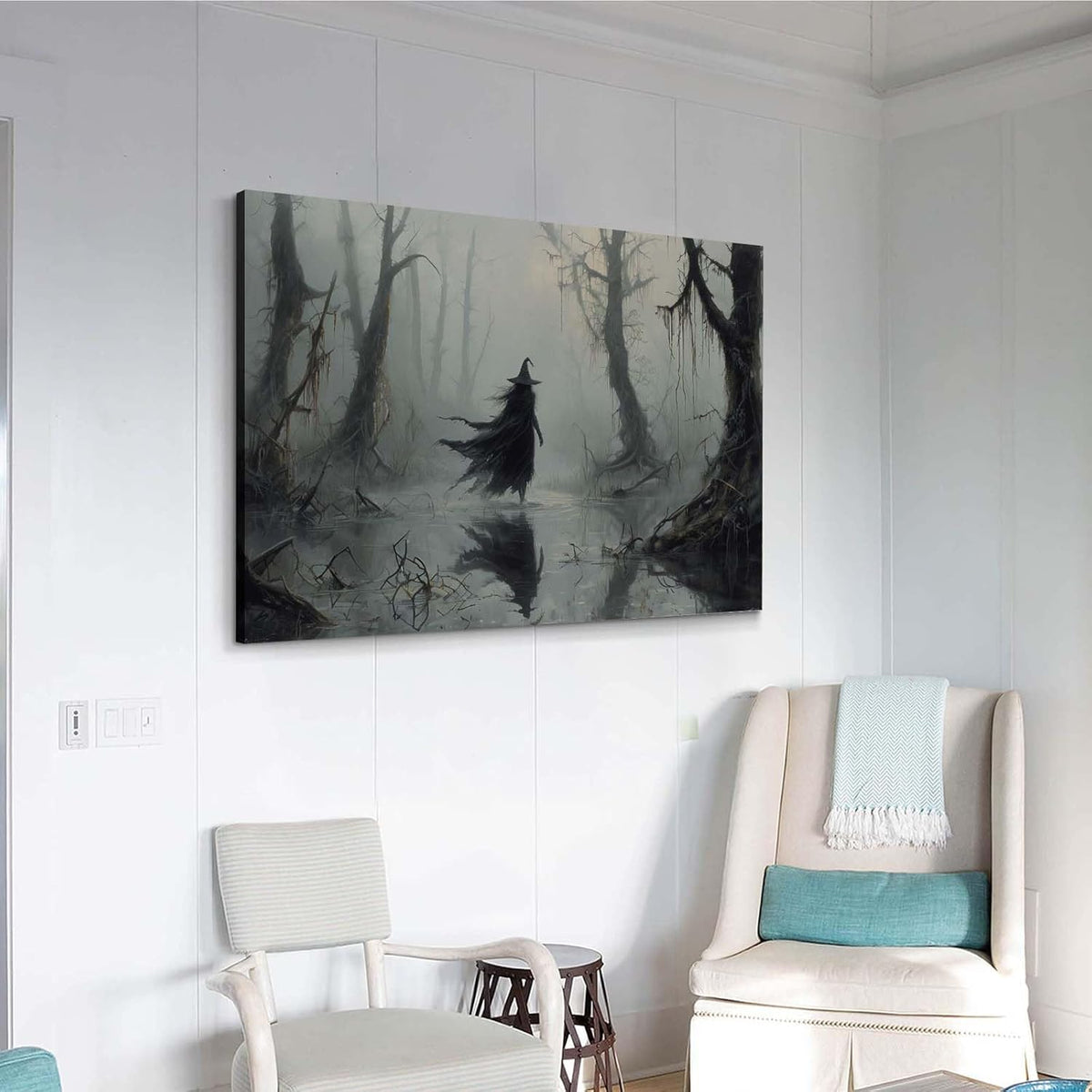 Vintage rustic swamp witch poster dark moody wall art gothic horror season halloween print for home decor retro dark moody painting16x24in Wood Framed