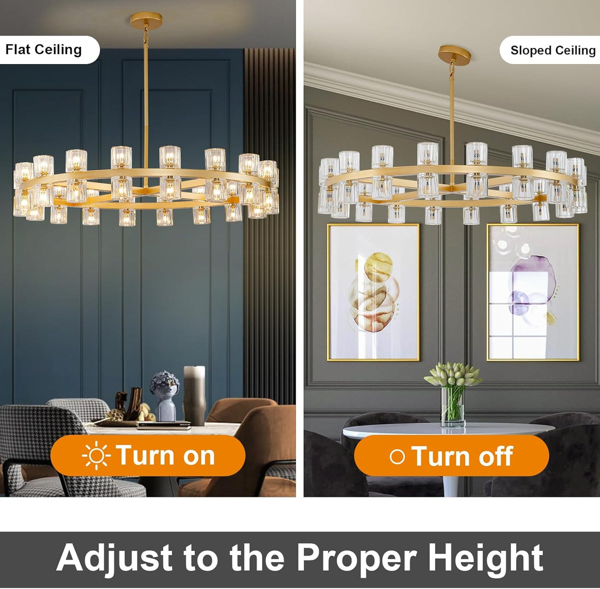 Modern 36" Gold Round Chandelier Light Fixture, K9 Crystal Chandeliers for Dining Room, Living Room, Dining Room Chandeliers Over Table, Chandelier for Bedroom, Foyer, Includes 36XG4 Bulbs