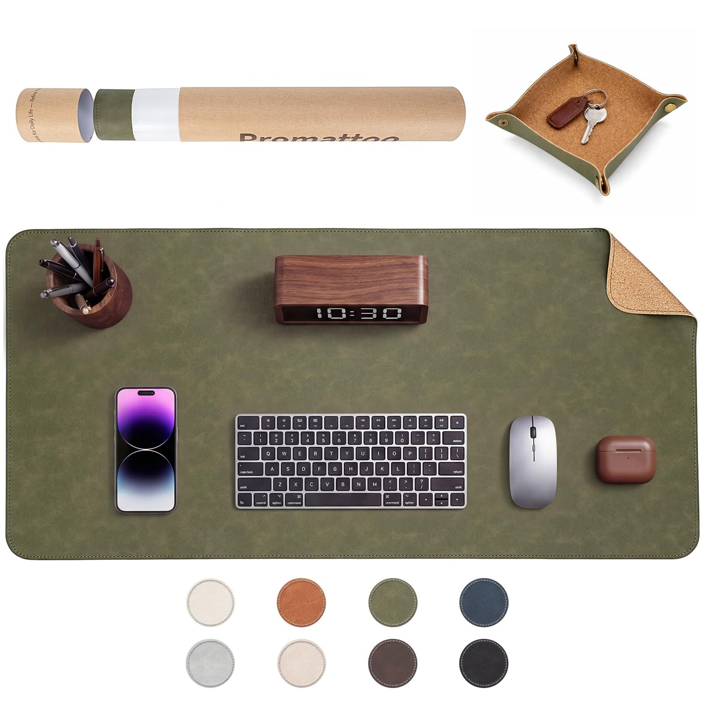 Premium Faux Leather Desk Mat & Tray Set,Innovative Cork-Look Printed Base,Gift Tube Packaging,Full-Desk Coverage,Non-Slip Desk Pad for Office Home(Olive Green)
