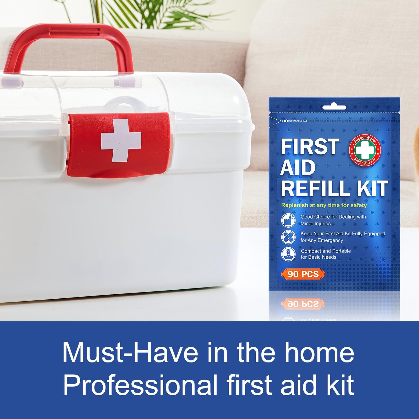 SuccorWare 90 Pieces First Aid Refill Kit - Wound Care Kit Includes Bandages for Home, Travel, Hiking - Portable Replacement Kit for First Aid Medical Supplies(1 Set)