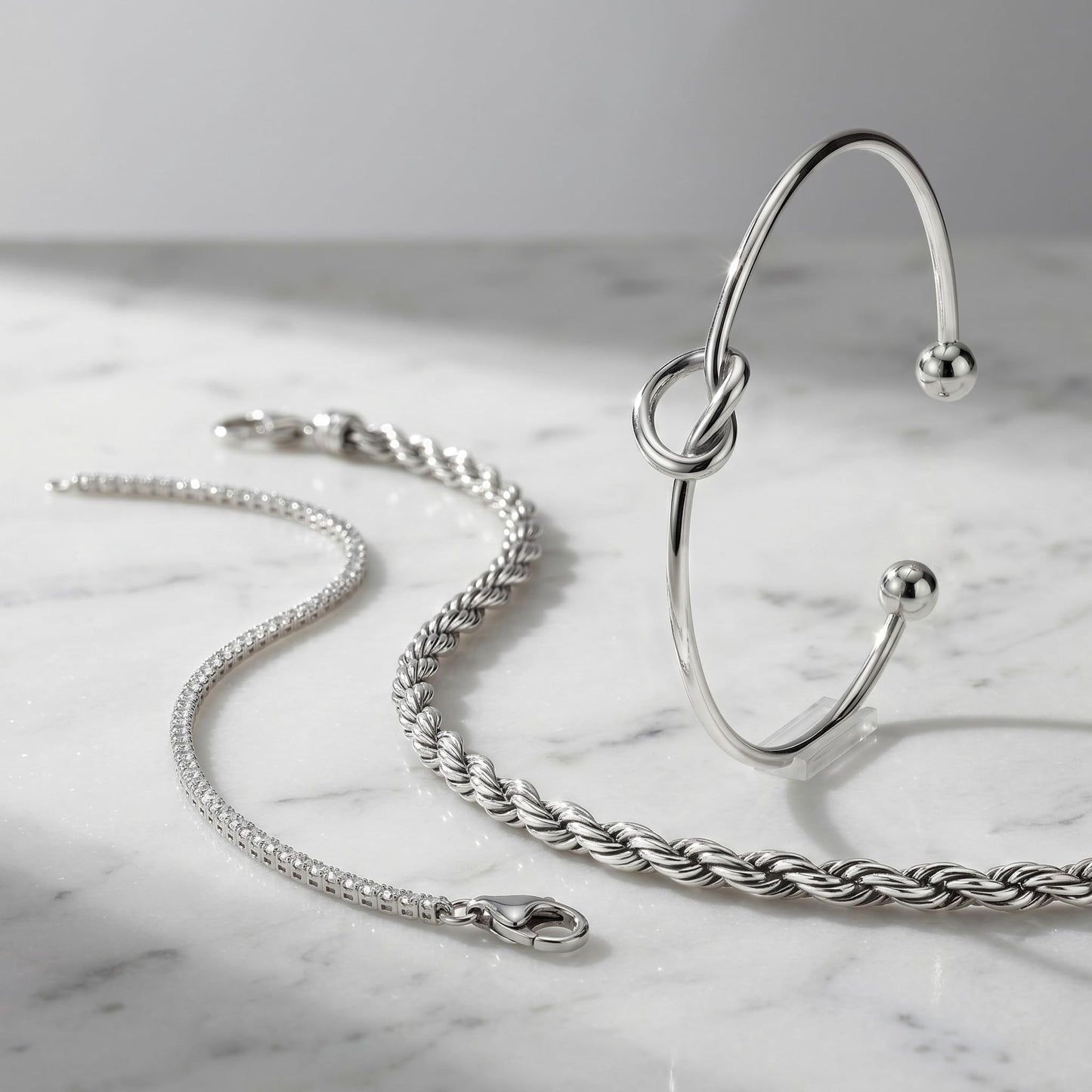Poxtex Silver Cuff Bracelets Set for Women, 3 Pcs Stackable Rope Open Bangles, Cubic Zirconia Tennis, Stardust Thin Polished Band, Non Tarnish Stainless Steel Jewelry Gifts