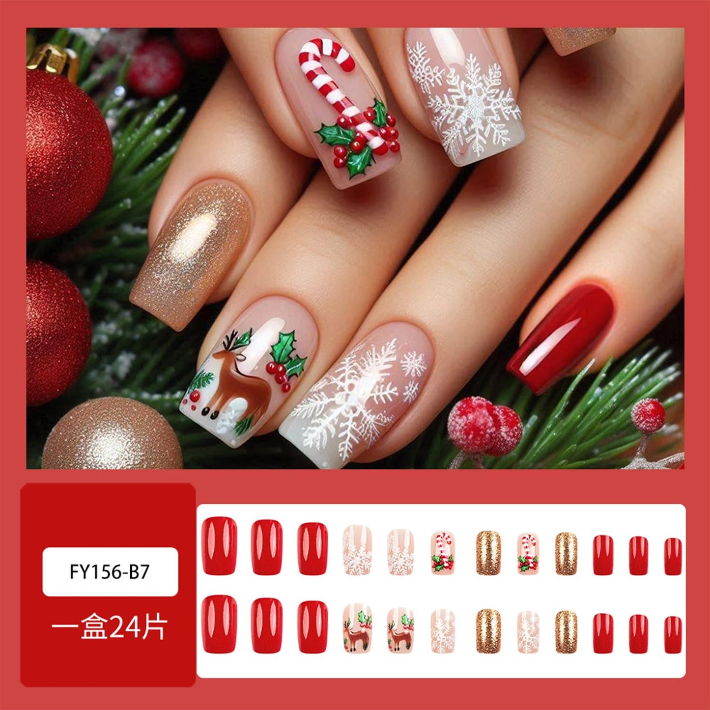 LWTZLW Christmas Press on Snowflake Elk Medium Square False Nails Gift Cane Glue on Nail Gold Glitter Design Acrylic Fake Nails Winter Artificial Glossy Nail Reusable for Women