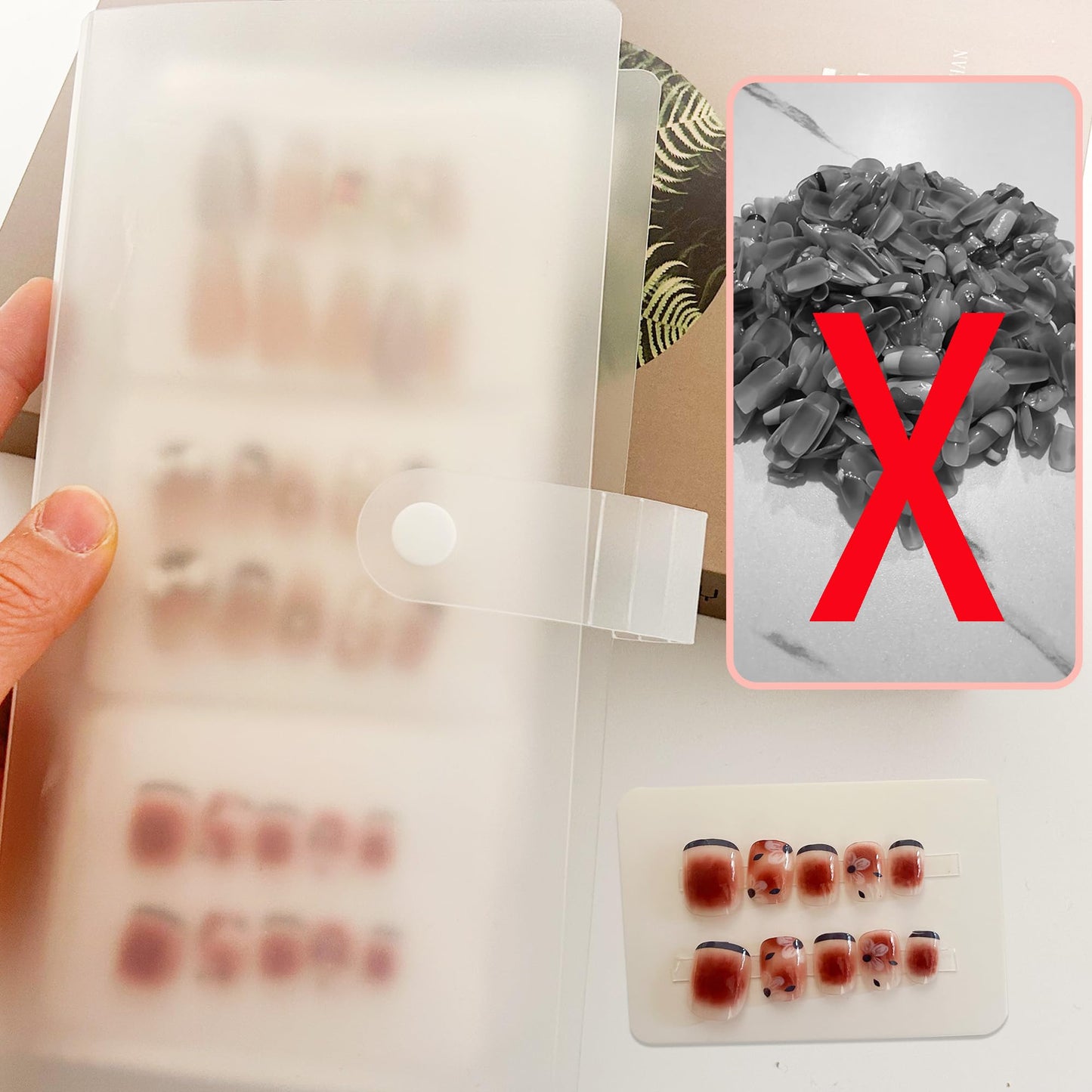 Press On Nail Storage Book Empty Press On Nails Packing Book Set Nail Organizer Display Accommodate 42 Pairs Press On Nails with 10m Double-Sided Adhesive Tape and 50pcs Nail Display Cards