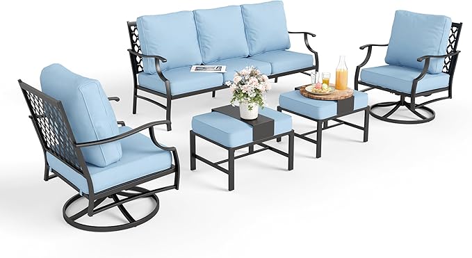 Patio Furniture Set 5 pcs, Outdoor Patio Furniture, 3-Seat Sofa, 2 Swivel Chairs, 2 Ottomans and 5.75" Extra Thick Cushion, Patio Conversation Set for Garden Backyard Deck,Blue