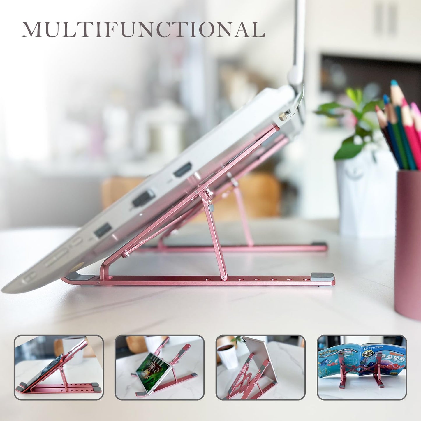 EFFICOM Laptop Stand for Desk, Ergonomic Lap Riser, Portable Laptop Stand, Aluminum Lightweight Foldable Notebook Support, Compatible with Laptop 10-15.6'' and Tablet, Phone (Pink)