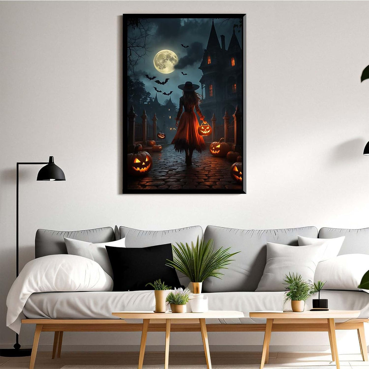 JFHCQJPK Halloween theme poster moonlit autumn night witch vintage poster art print dark college style gothic painting canvas wall decoration bedroom living room ideal gift8x12in Metal blackFramed