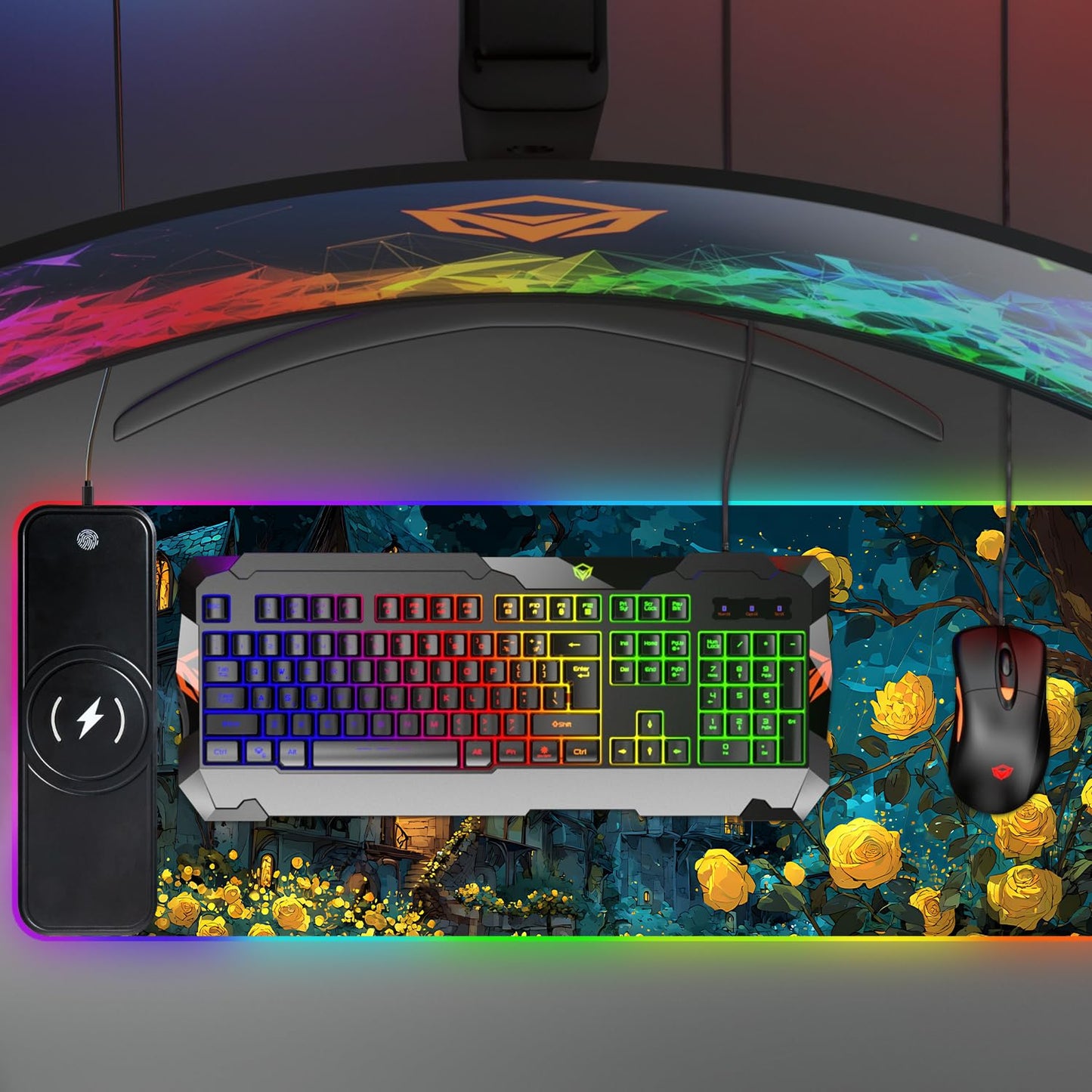 Wireless Charging RGB Gaming Mouse Pad, 31.5 x 11.8 Inch Extended Mouse Mat with Fantasy Castle & Rose Design, LED Desk Pad with 7 Lighting Modes, Non-Slip Base for Gaming & Office