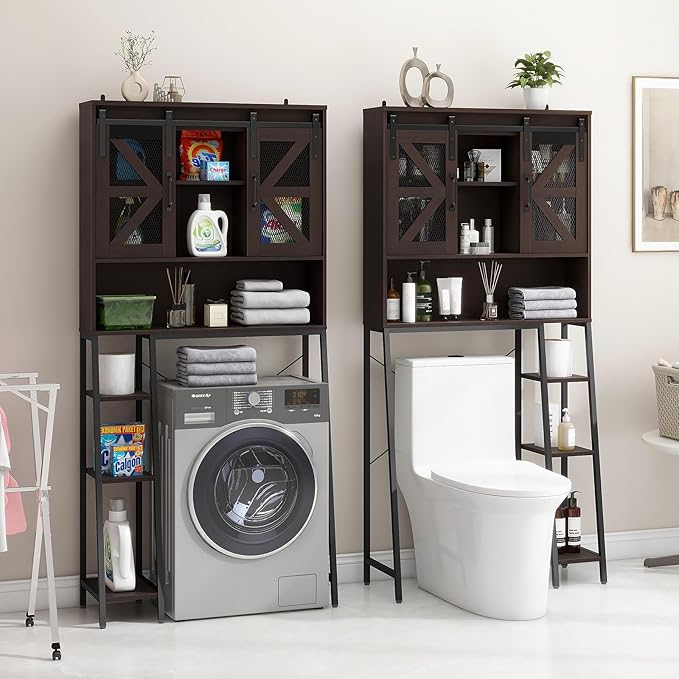 Over The Toilet Storage Cabinet, Farmhouse Storage Cabinet Over Toilet with 2 Sliding Barn Door,Home Space-Saving Toilet Rack, for Bathroom, Restroom, Laundry,Espresso