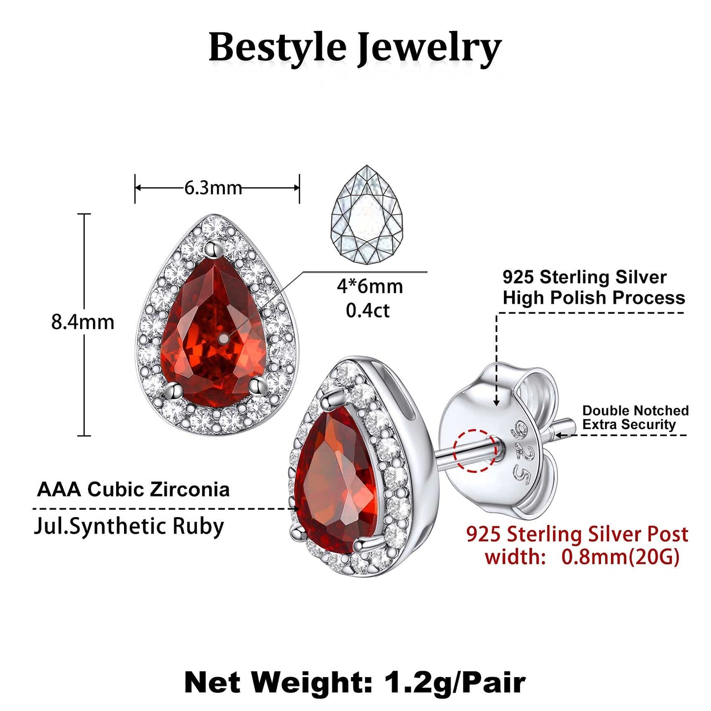 Bestyle 925 Sterling Silver Love Teardrop Cut Cubic Zirconia Stud Earrings, Brilliant Created July Ruby CZ Birthstone Earrings for Women