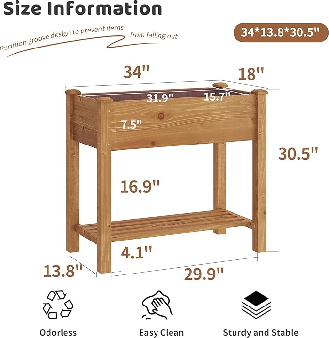 FILWH Raised Garden Bed with Legs Elevated Wooden Planter Box Stand Large Planter Stand Box for Fruits Vegetables Flowers with Divider with Bag - 34x18x30.5IN(Brown)