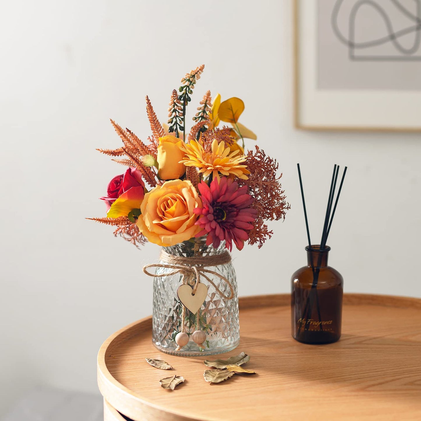 COZZI CODI Artificial Flowers with Vase, Faux Silk Flowers Arrangement in Vase, Rustic Home Office Decorations, Farmhouse Dining Table Decor, Coffee Table Centerpiece, Fall Table Plant Decor