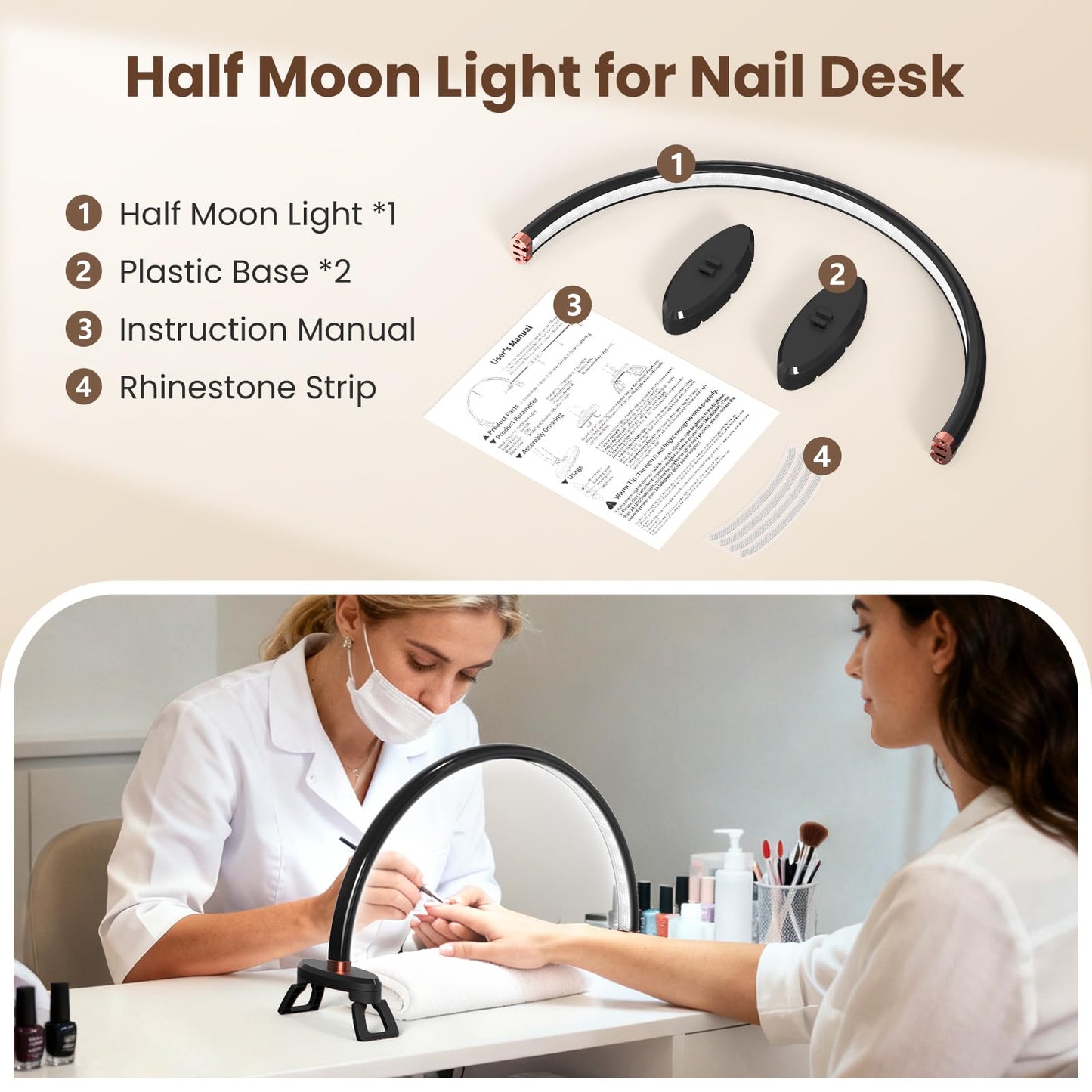 Yokilly Arc Half Moon Light: 16" Half Moon Light with Foldable Bracket for Desk Salon Table Use - No Flicker & Shadow-Free Desk Lamp with Stepless Brightness 3000-6500K for Manicurist Nail Tech