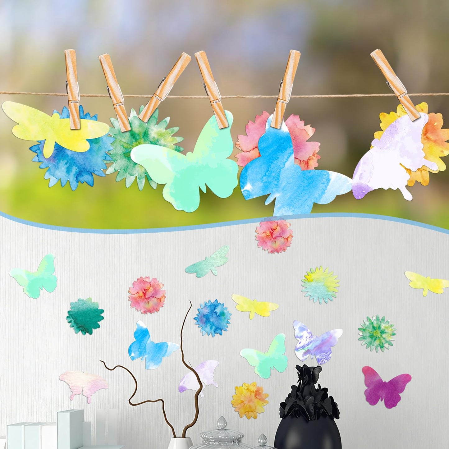 Tinlade 96 Pcs Color Diffusion Paper Spring 6'' Butterfly Flower Shapes Diffusing Tissue Papers Set Back to School 8 Shape Watercolor DIY Painting Craft for Classroom Art Project Supplies Party Favor