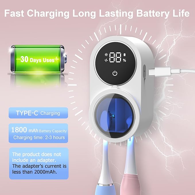 Toothbrush Holder and Cleaner for Bathroom Light Cleaning Fan Drying Round in Circle Automatic Rotating Cover Wall Mounted Smart Home Gadgets (01 White)