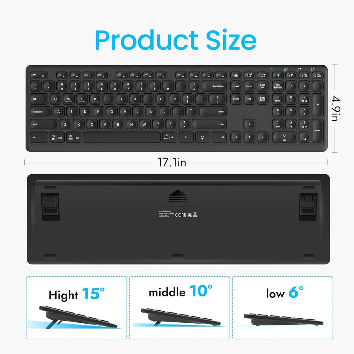 K9300 Wireless Bluetooth Keyboard (USB+BT1+BT2), Support Multi Device Switching, Full Size, Scissor-Switch Keys Silent Design for Computer, Laptop, MacBook and iPad.(Black) (K9300)