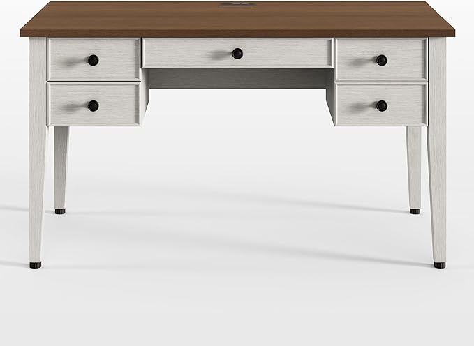EUREKA ERGONOMIC Farmhouse Writing Desk, 55" Executive Office Desk with 3 Drawers,Keyboard Tray,Mid-Century Modern Computer Desk w Solid Wood Legs,Birch Finish,Antique White
