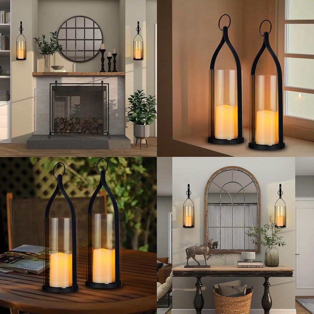 Metal Wall Sconce Candle Lantern Set of 2 - Black Wall Mounted Hanging Holder with Glass & Candles Vintage Wall Decor for Porch, Living Room, Dining Room, Bedroom Indoor Decor
