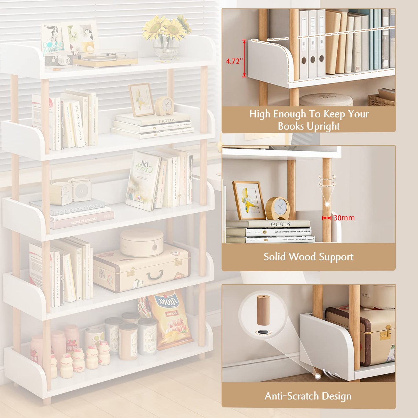 OSCHF 4-Tier Wooden Open Bookcase - Modern Display Bookshelf with Top Edge and Solid Wood Frame for Home and Office, Storage Cabinet, Warm White