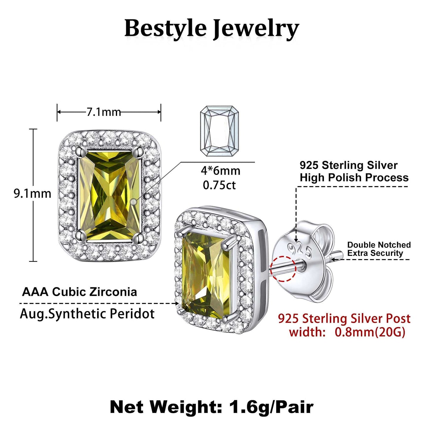 Bestyle 925 Sterling Silver Infinite Birthstone Square Stud August Peridot Birthstone Earrings, Dainty Love Statement Stud Earrings, Birthday/Valentines/Christmas Gift for Women/
