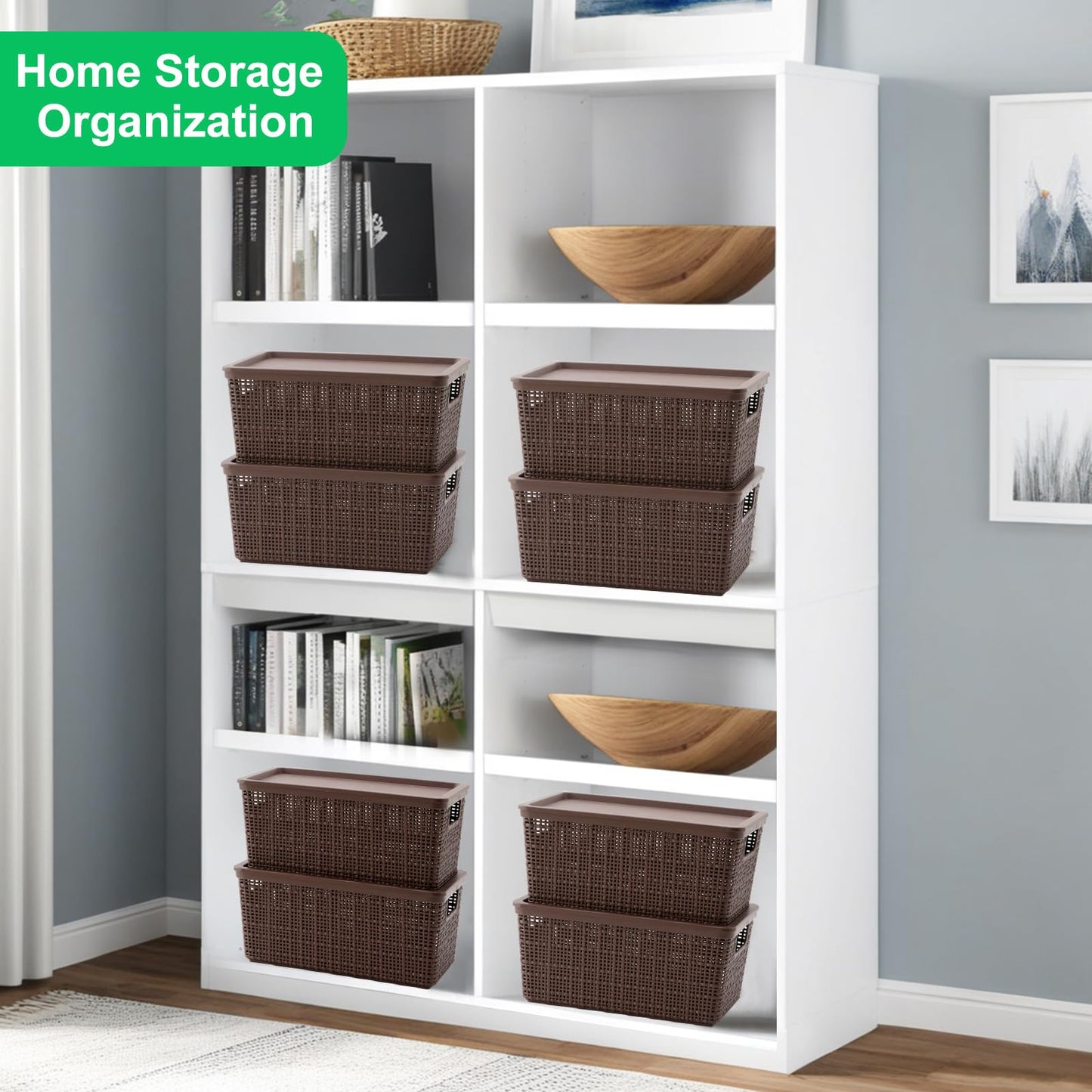 WRRLORS 6 Pack Plastic Storage Baskets With Lids,Brown Breathable Stackable Storage Bins,Small Storage Containers,for Organizing Storage Baskets on Desktops,Closets,Playrooms,Classrooms,Offices