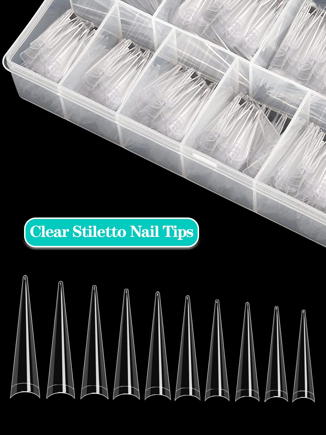 500pcs XXL Stiletto Nail Tips, Clear Half Cover Stiletto Nail Tips for Acrylic Nails, 10 Sizes False Nail Tips for Nail Extension with Box