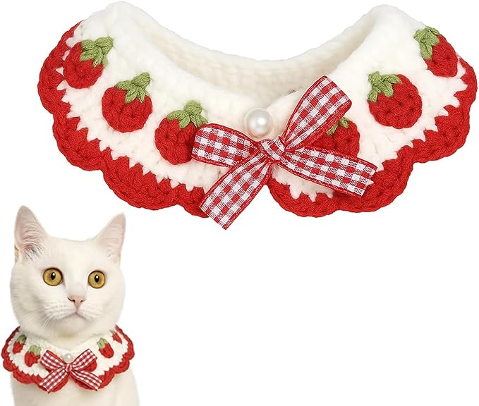 Aoeeki Cat Collar Breakaway, Kitten Collar with Cute Bow Tie Strawberry Pattern Comfortable for Kitty and Small Puppies, Bandana Fits Neck 2-3 Inches (White)