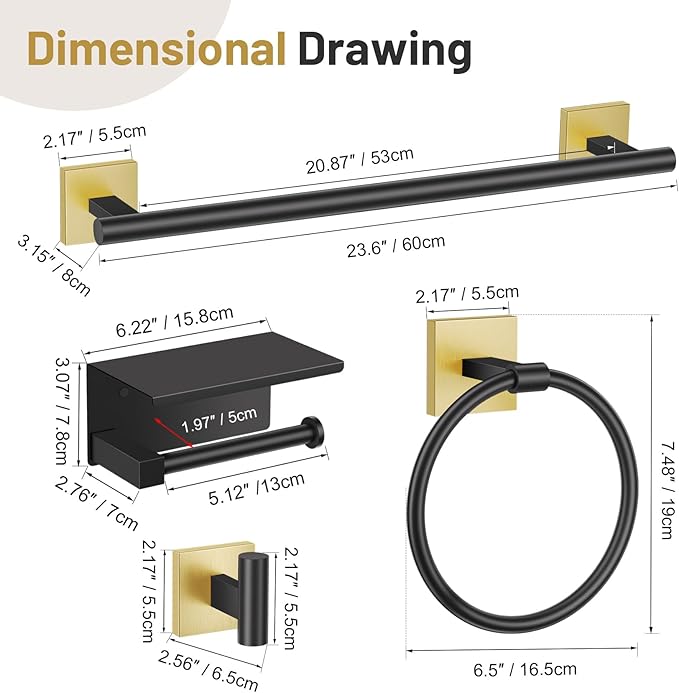 5-Piece Black Gold Bathroom Hardware Set, SUS304 Stainless Steel Bathroom Accessories Set 23.6 inches Towel Bar, Toilet Paper Holder with Shelf, Towel Ring and Two Towel Hooks Wall-Mounted