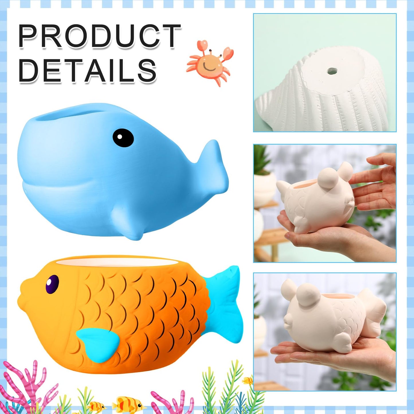 Hushee 12 Sets Ceramic Succulent Planters Paintable Succulent Plant Pots Small DIY Figurines Unpainted Pots with Drainage Hole Color Paints Paintbrushes Palettes(Sea Animals)