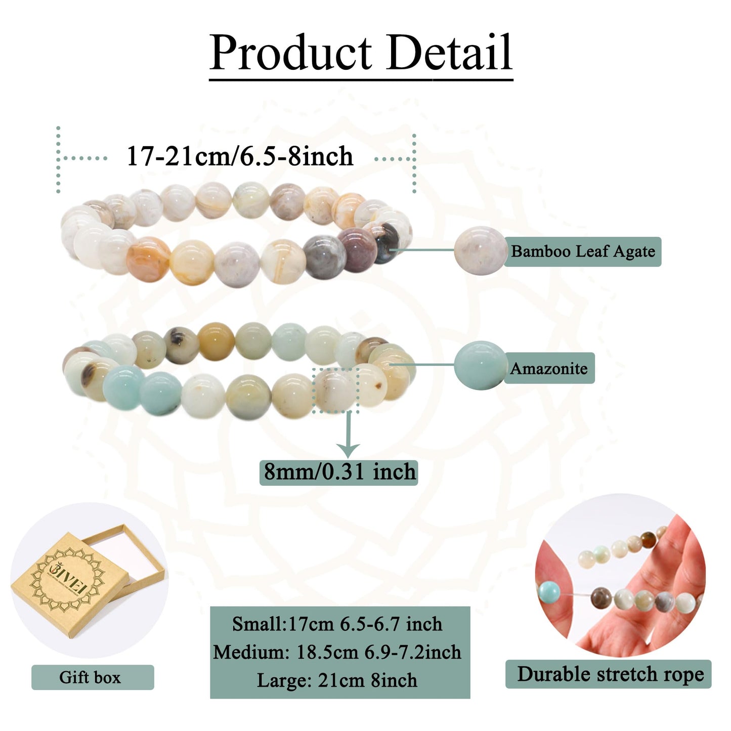 Bivei Natural Gemstone Semi Precious Crystals Handmade Stretchy Round Beads Bracelet, Enhance Positive Energy,Stocking Stuffers for Women(Bamboo Leaf Agate & Amazonite (Good Luck) Large)
