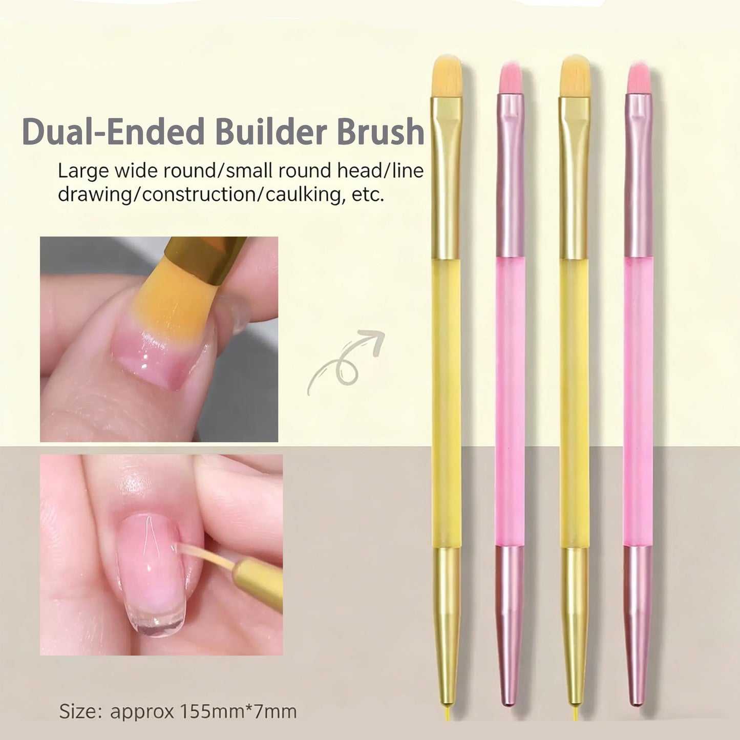 2Pcs Dual-Ended Gel Builder Brushes Set - 0.9mm Precision Liner + Small/Wide Round Tips for French Manicure, Nail Art & Time-Saving Gel Application